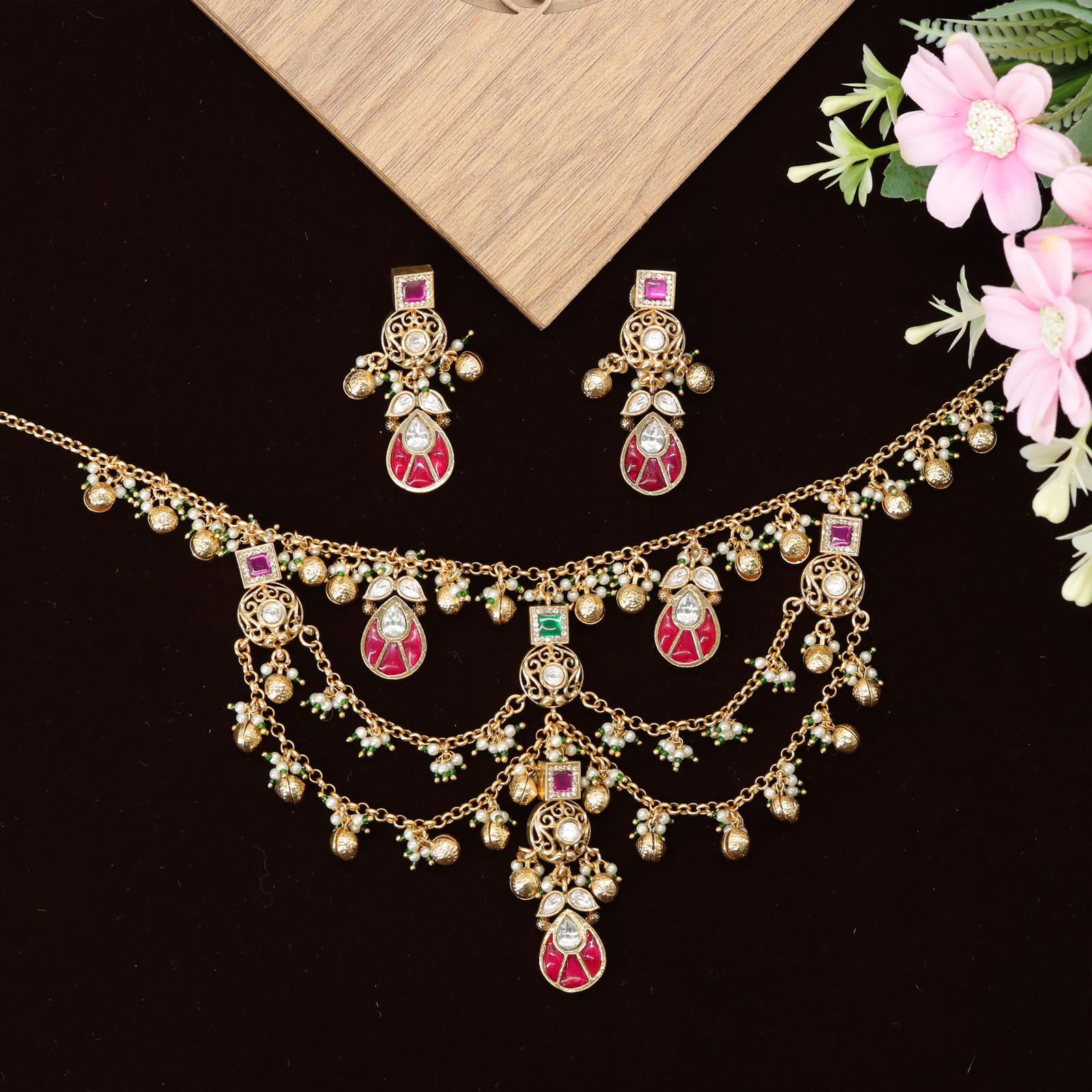 Layered Necklace with Multiple Hanging Beads