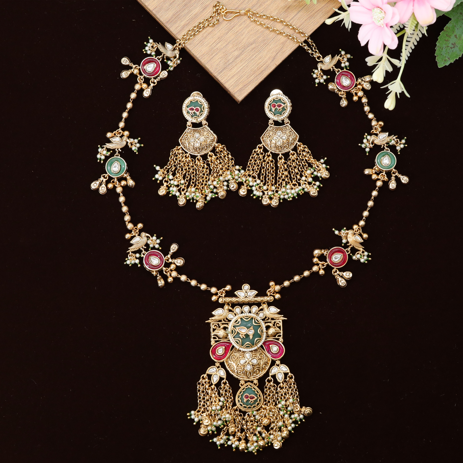 Artistic Bird Motif Necklace Set with Beaded Chain and Hanging Tassel Pendant
