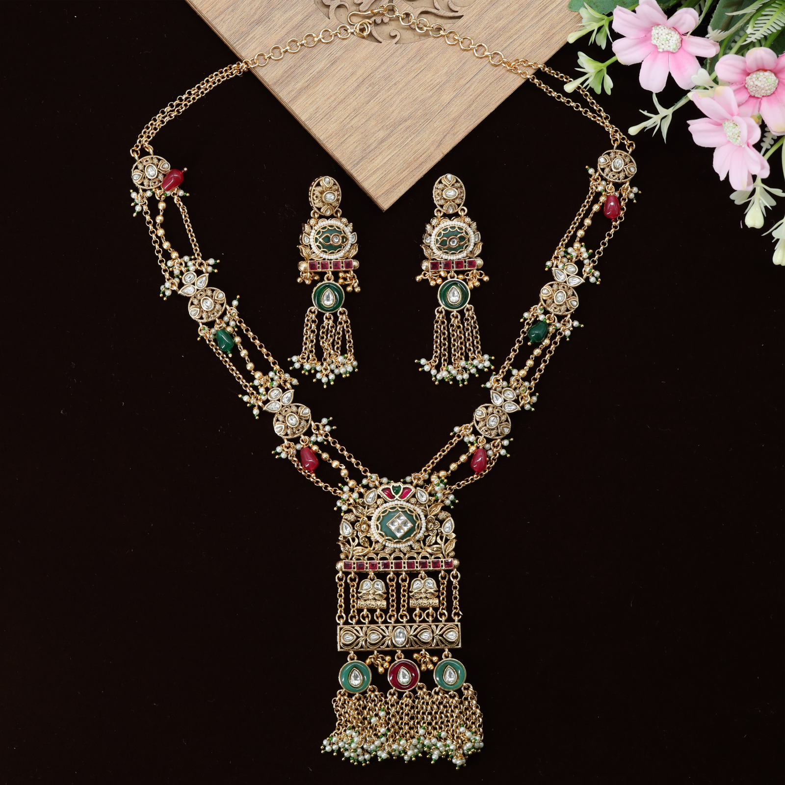 Premium Long Haara Necklace Set with Intricate Centrepiece and Beaded Tassels