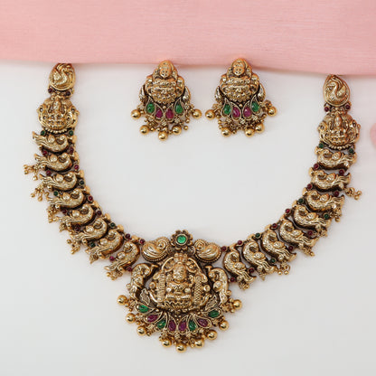 Grand Peacock Panel Necklace with Dangling Bead Accents