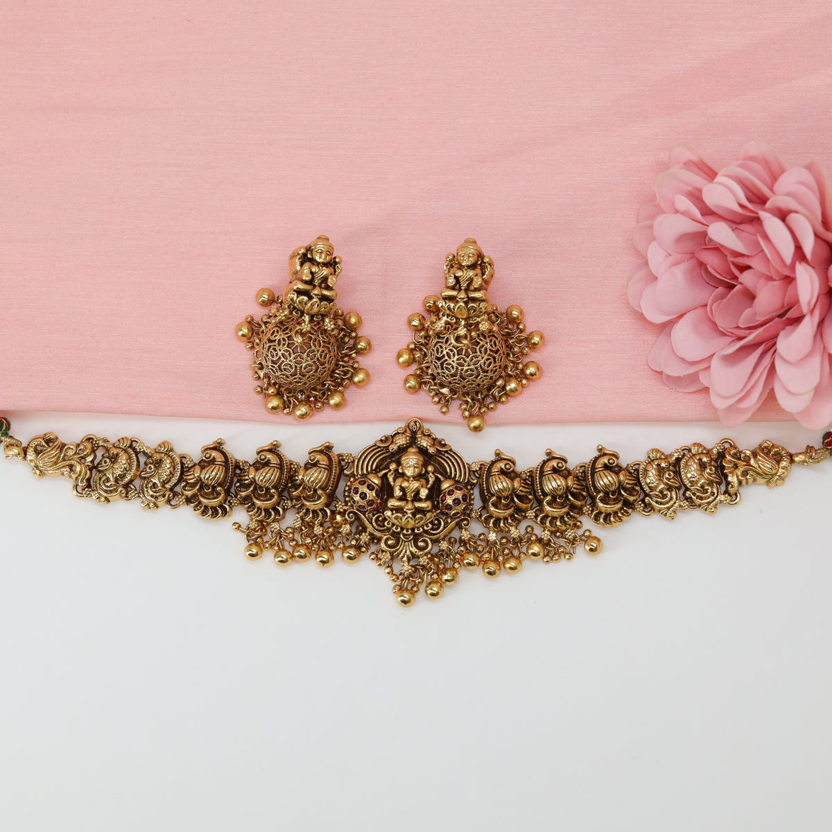 Charulatha Mayura Torana Choker with Raised Peacock Frames and Droplet Garland