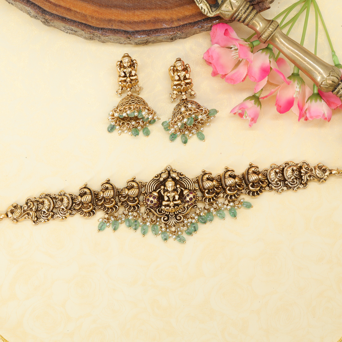 Charulatha Mayura Torana Choker with Raised Peacock Frames and Droplet Garland