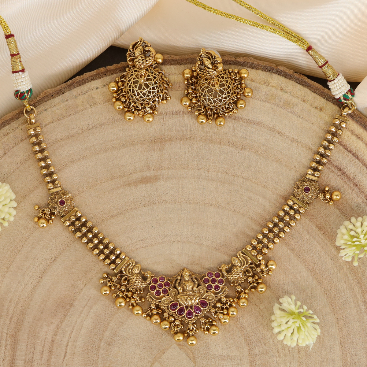 Lakshmi Crest Necklace with Triple Bead Row Chain and Swan Accents