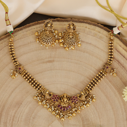 Lakshmi Crest Necklace with Triple Bead Row Chain and Swan Accents