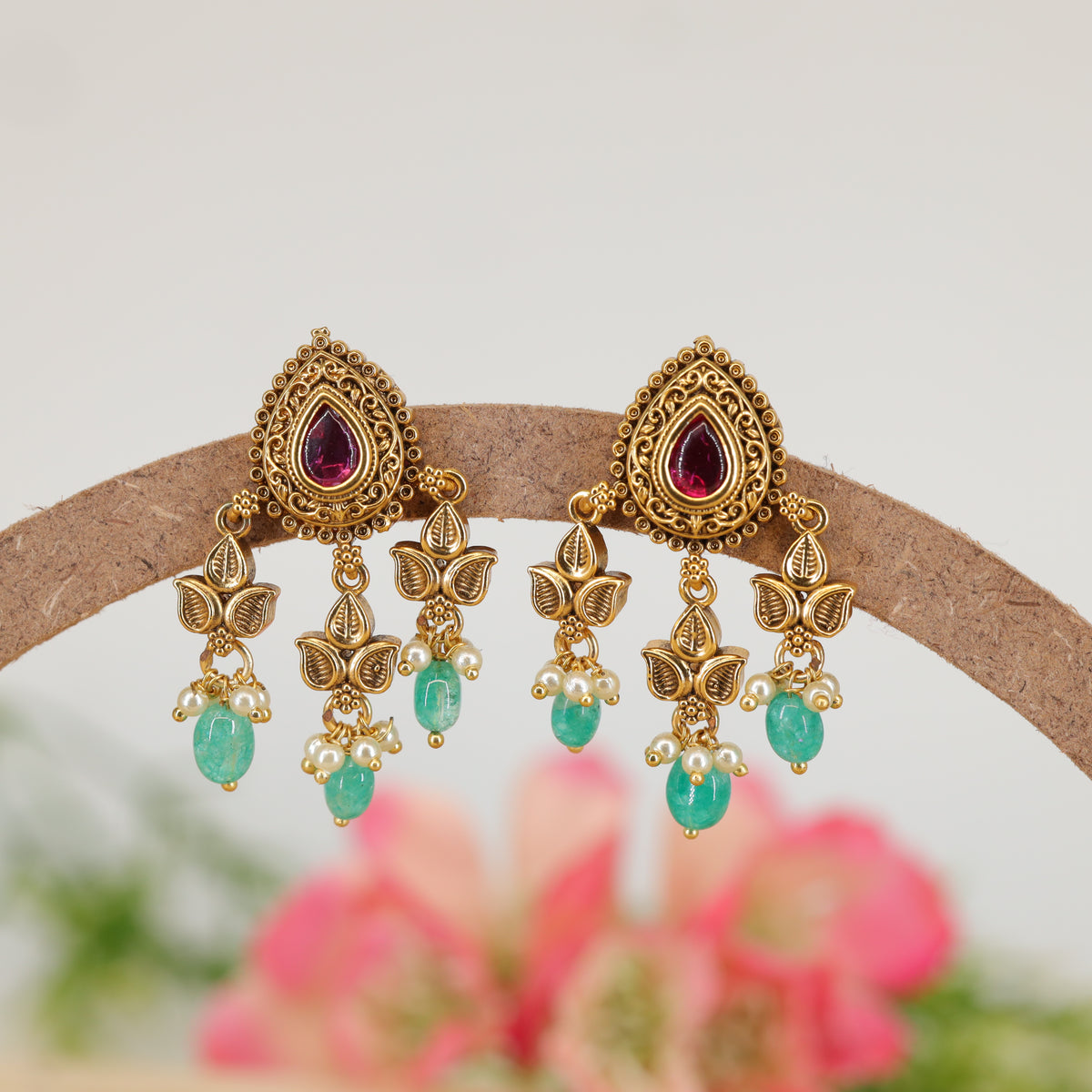 Shringara Ratna Crest Stud Earrings with Decorative Leaf Cluster Drops