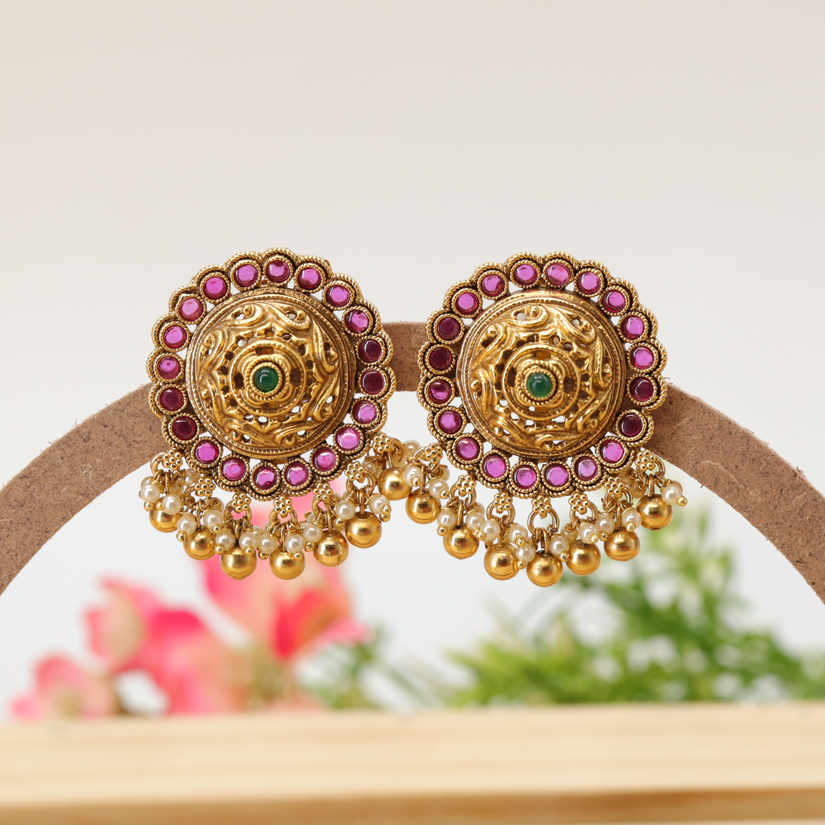 Prerana Gem Medallion Stud Earrings with Clustered Ball Drops