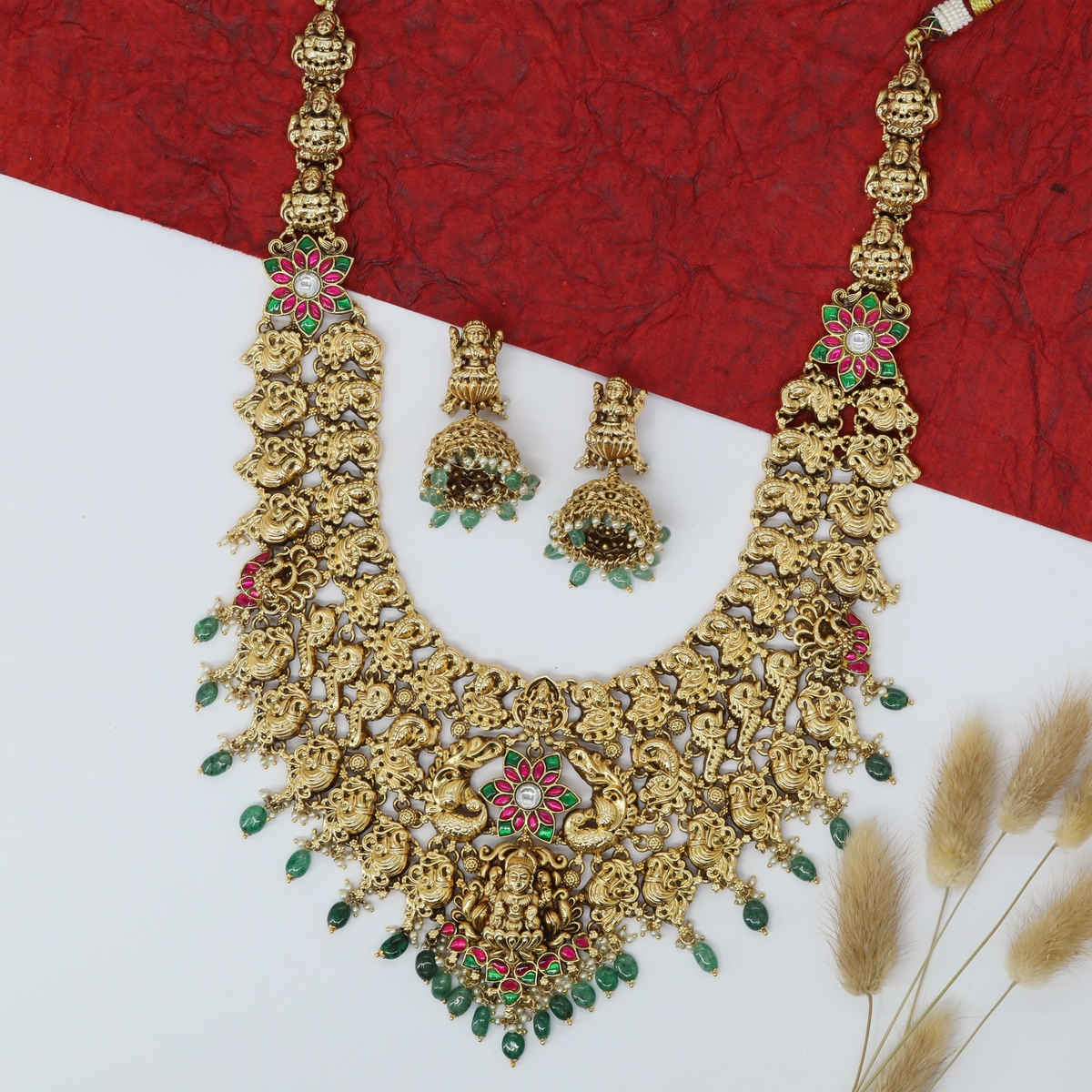 Ratna Gajalakshmi Prasada Haaram with Ornate Panel Weave and Gem Tassel Edge
