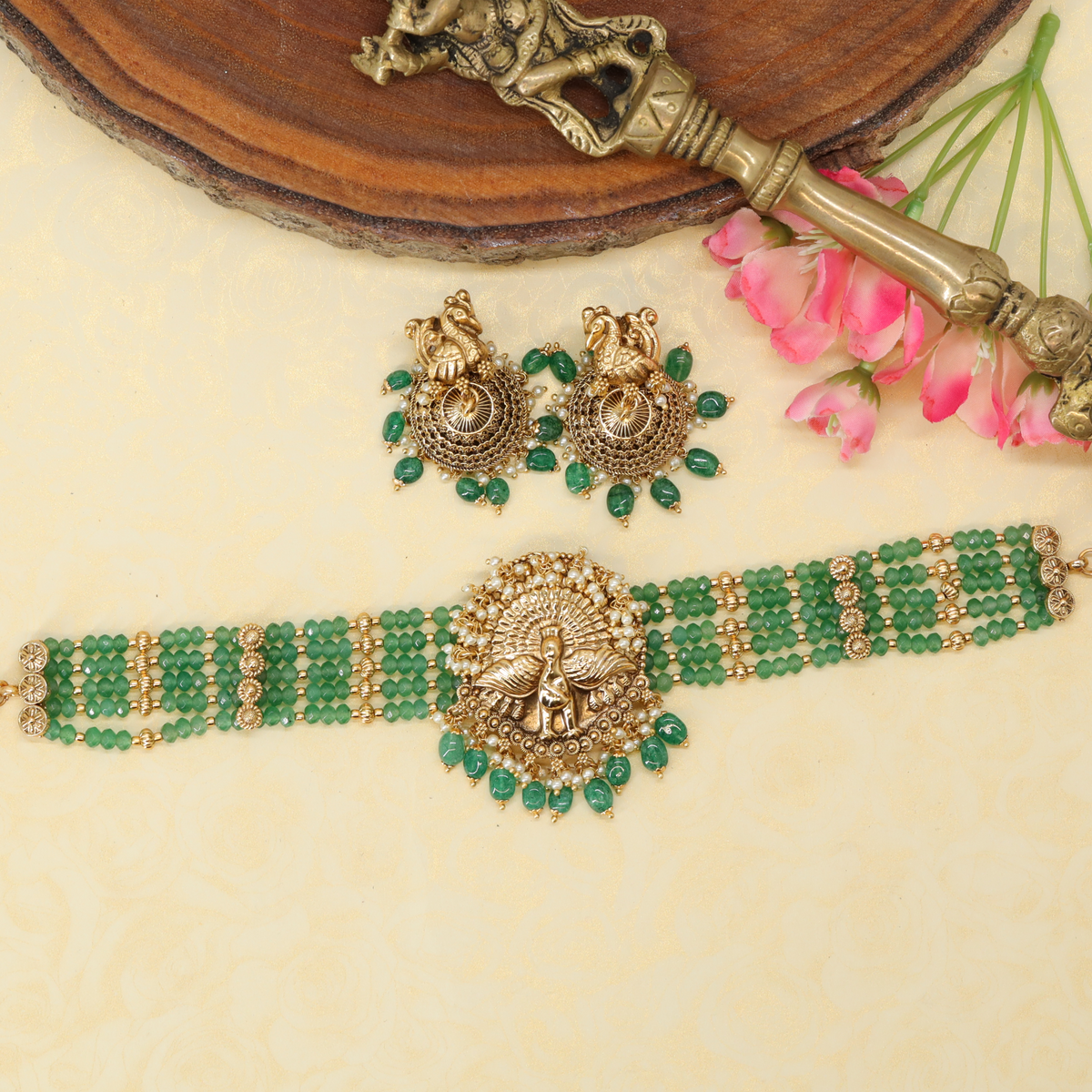 Aaratrika Mayura Mandala Choker with Multi Strand Bead Bands and Peacock Crest Pendant