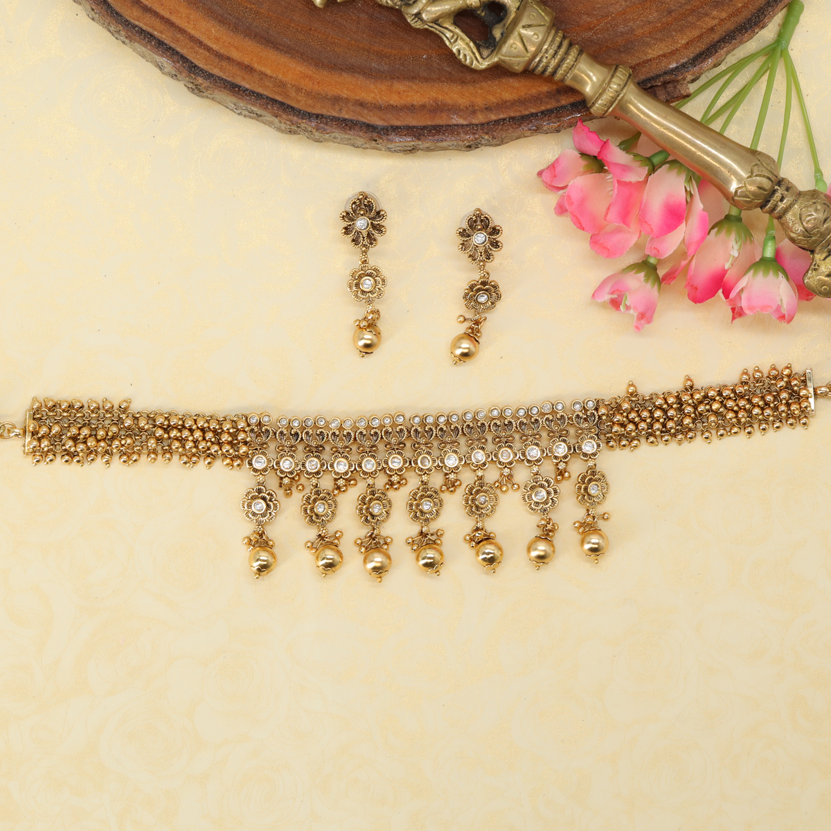Iravati Mani Prakara Collar with Ornate Floral Sequencing and Bell Fringe