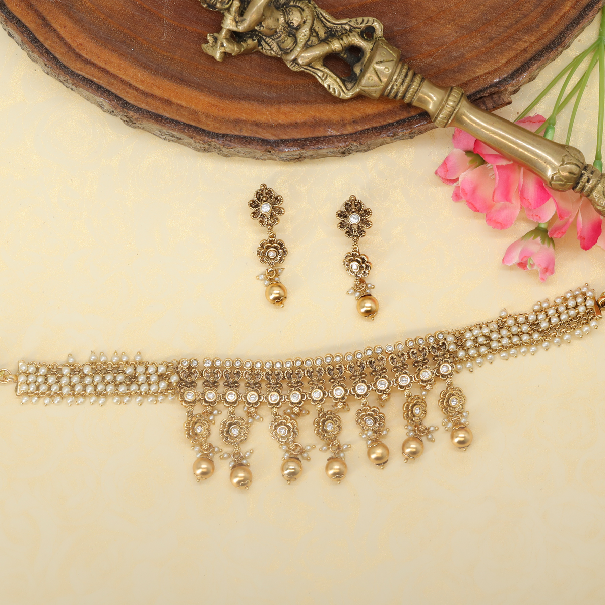 Iravati Mani Prakara Collar with Ornate Floral Sequencing and Bell Fringe