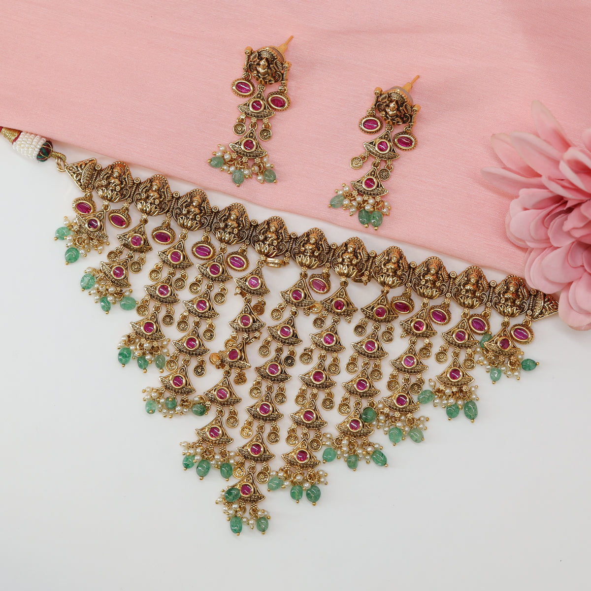 Bhavapriya Ratna Jaal Collar with Raised Divinity Row and Tiered Drop Veil