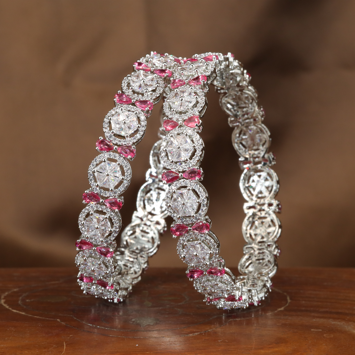 Celestique Crystal Cluster Rhodium Bangles with Round Halo Panels