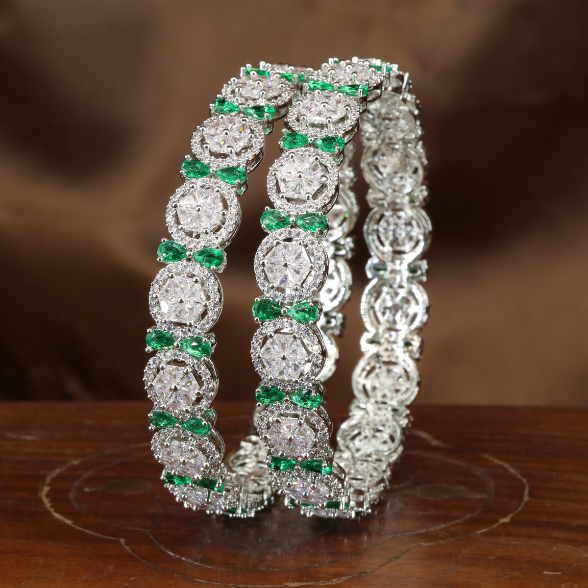 Celestique Crystal Cluster Rhodium Bangles with Round Halo Panels