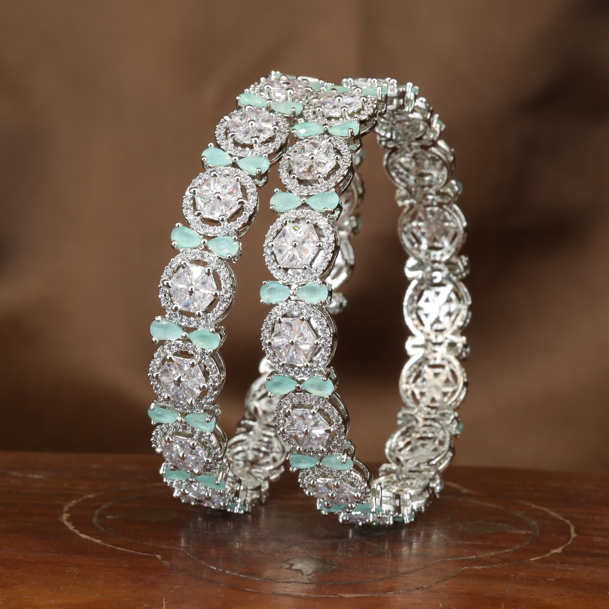 Celestique Crystal Cluster Rhodium Bangles with Round Halo Panels