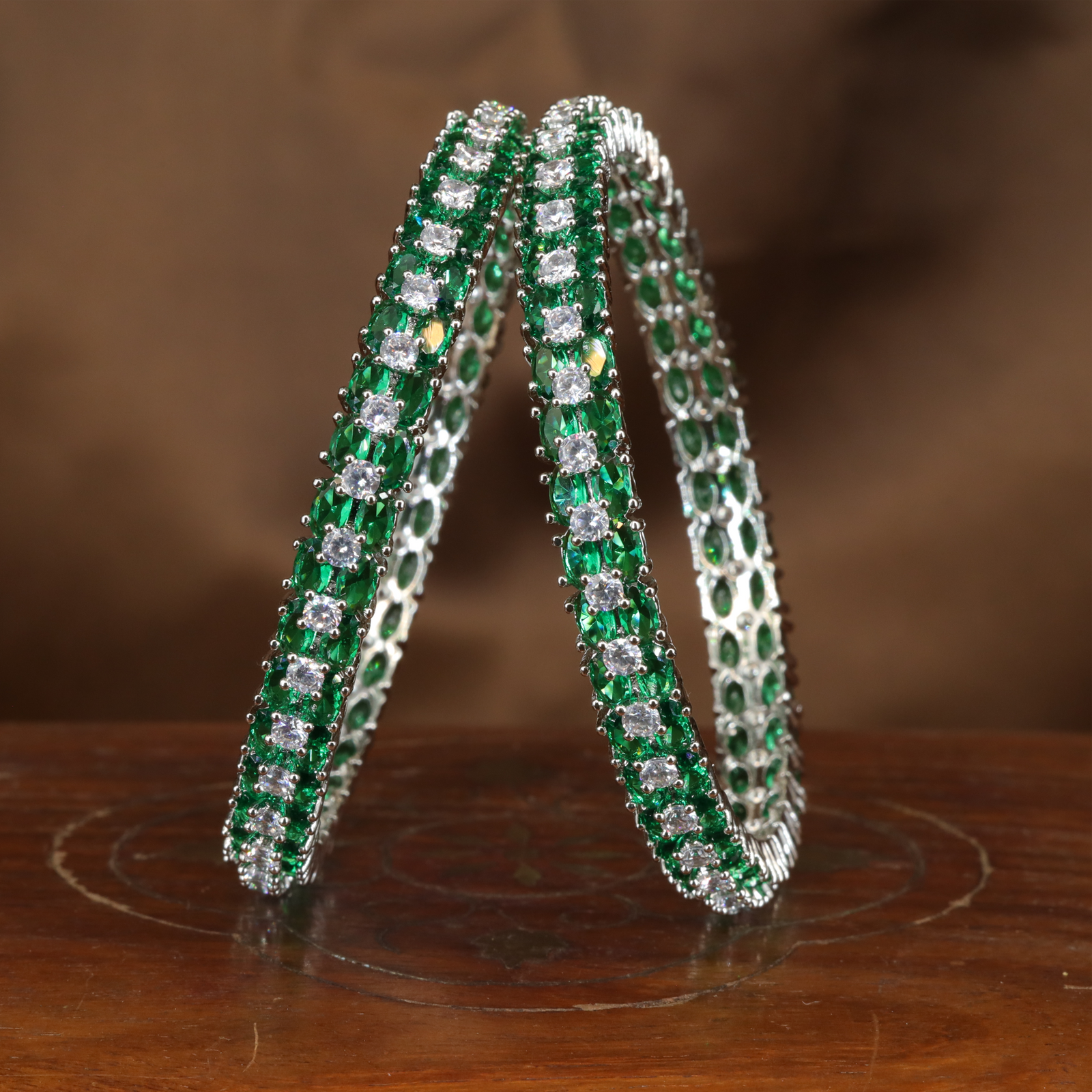 Regal Dual Line Rhodium Bangles with Emerald Panels and Crytalstal Accents