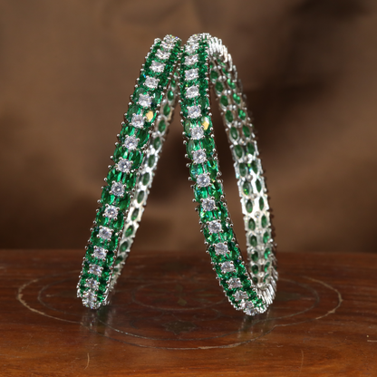 Regal Dual Line Rhodium Bangles with Emerald Panels and Crystal Accents