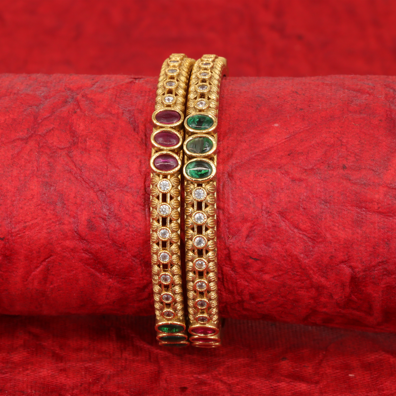 Alternating Oval Gemstone Bangles with Crystal Floral Connector Design