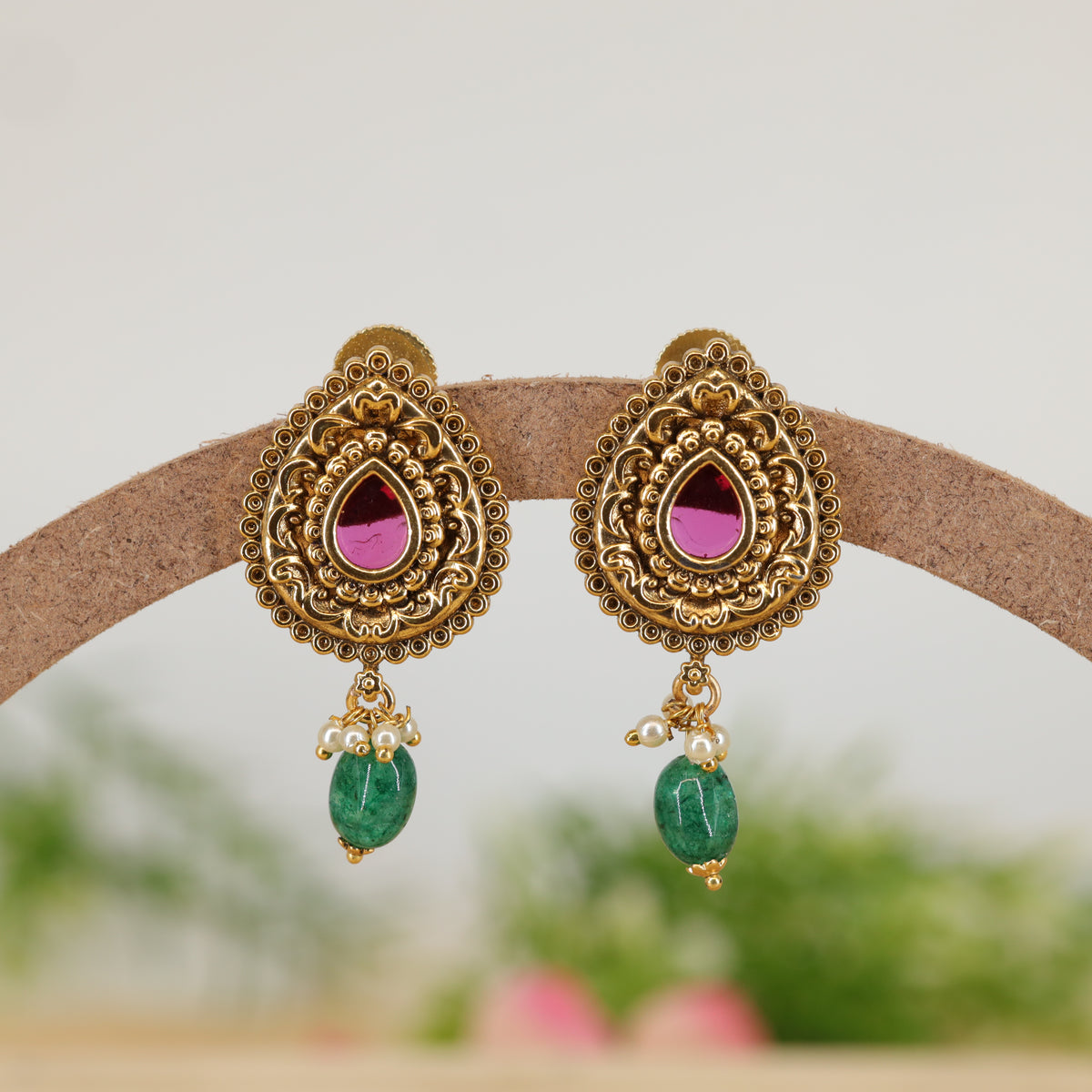 Kalyana Gem Mandala Stud Earrings with Hanging Stone Pendant