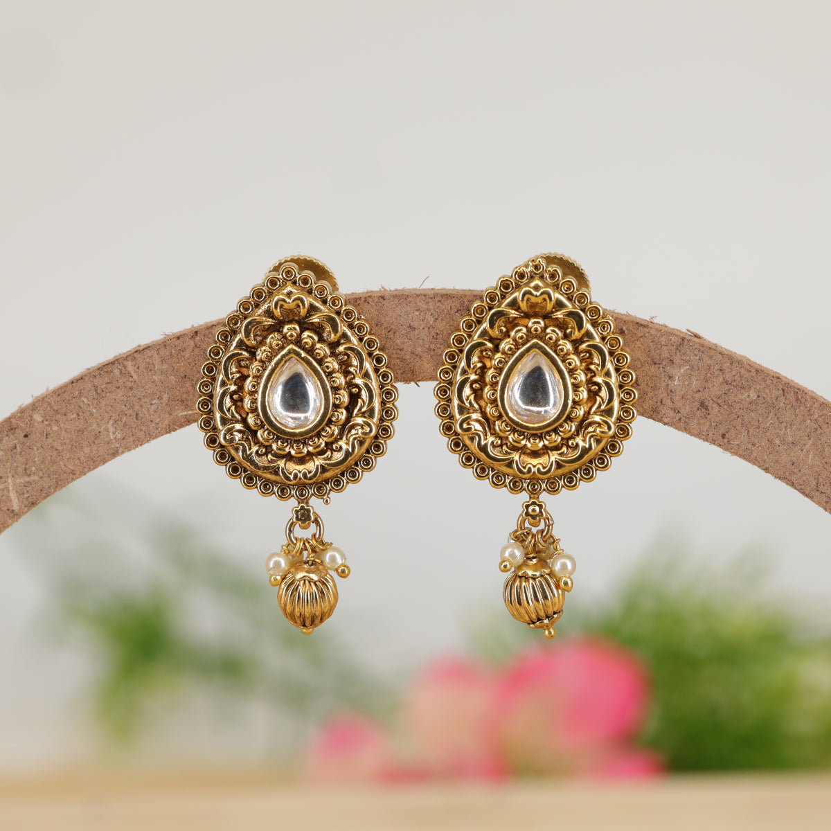 Kalyana Gem Mandala Stud Earrings with Hanging Stone Pendant