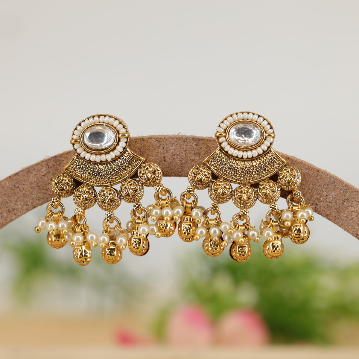 Mangala Pearl Medallion Stud Earrings with Multi Charm Tassel Drops