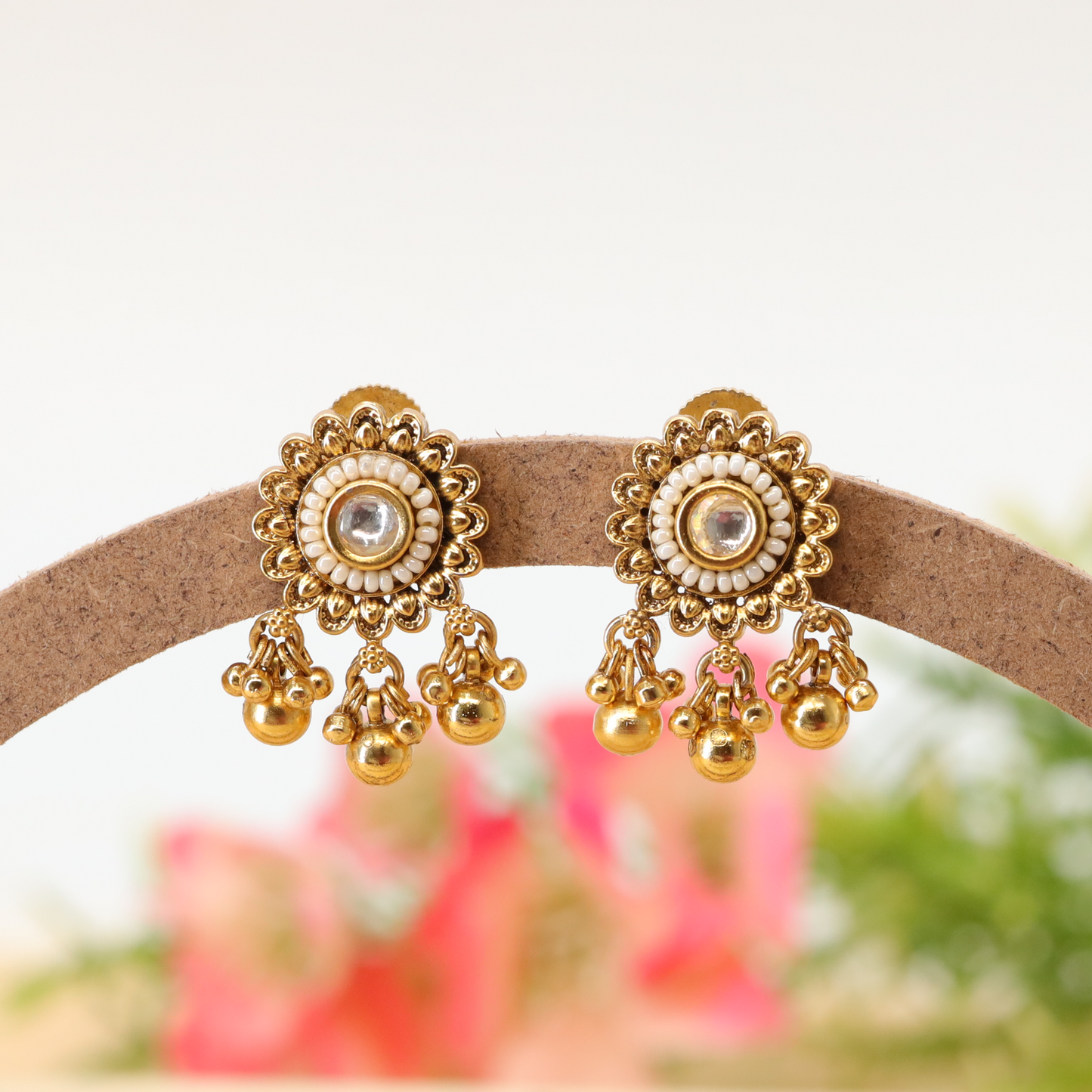 Pearl Halo Blossom Stud Earrings with Dangling Ball Tassels