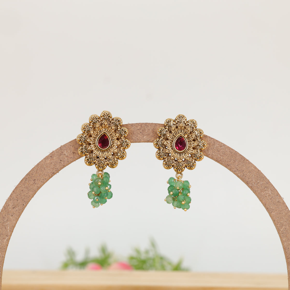 Blossom Medallion Stud Earrings with Teardrop Stone and Dangling Bead Bunch