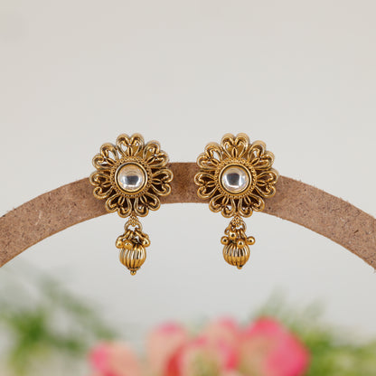 Detailed Floral Stud Earrings with  Crystal Centre and Hanging Drop