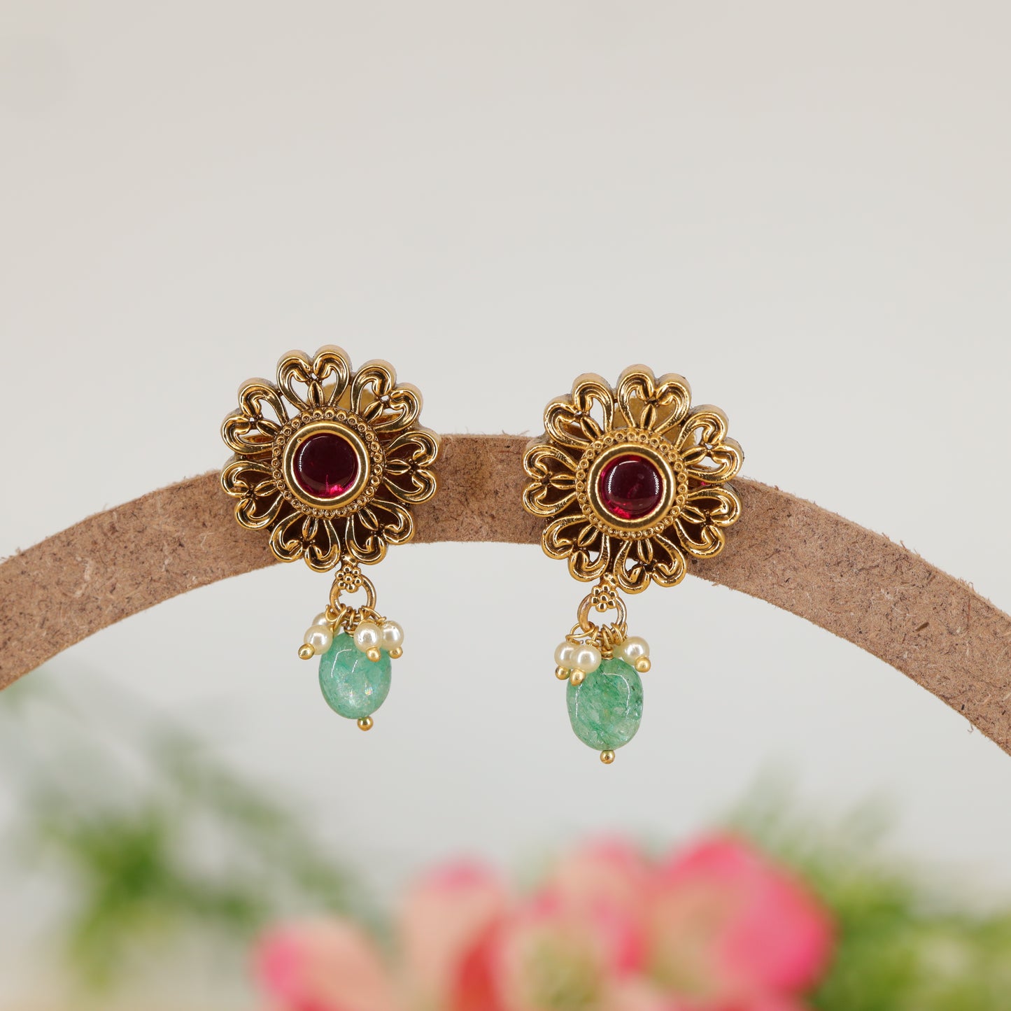 Detailed Floral Stud Earrings with  Crystal Centre and Hanging Drop