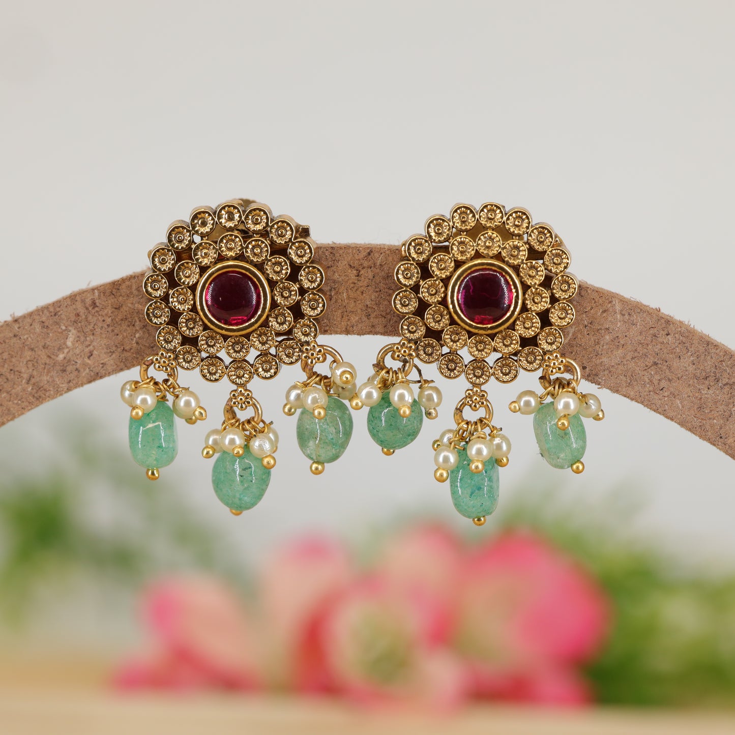 Circular Cluster Stud Earrings with Crytalstal Centre and Bead Drops