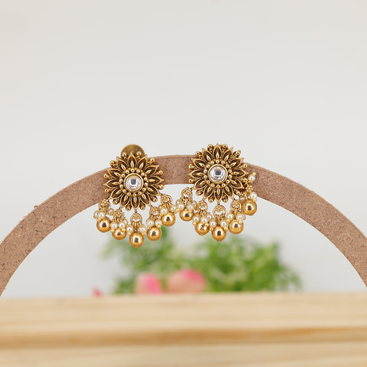 Sunburst Petal Stud Earrings with Gem Centre and Bead Fringe