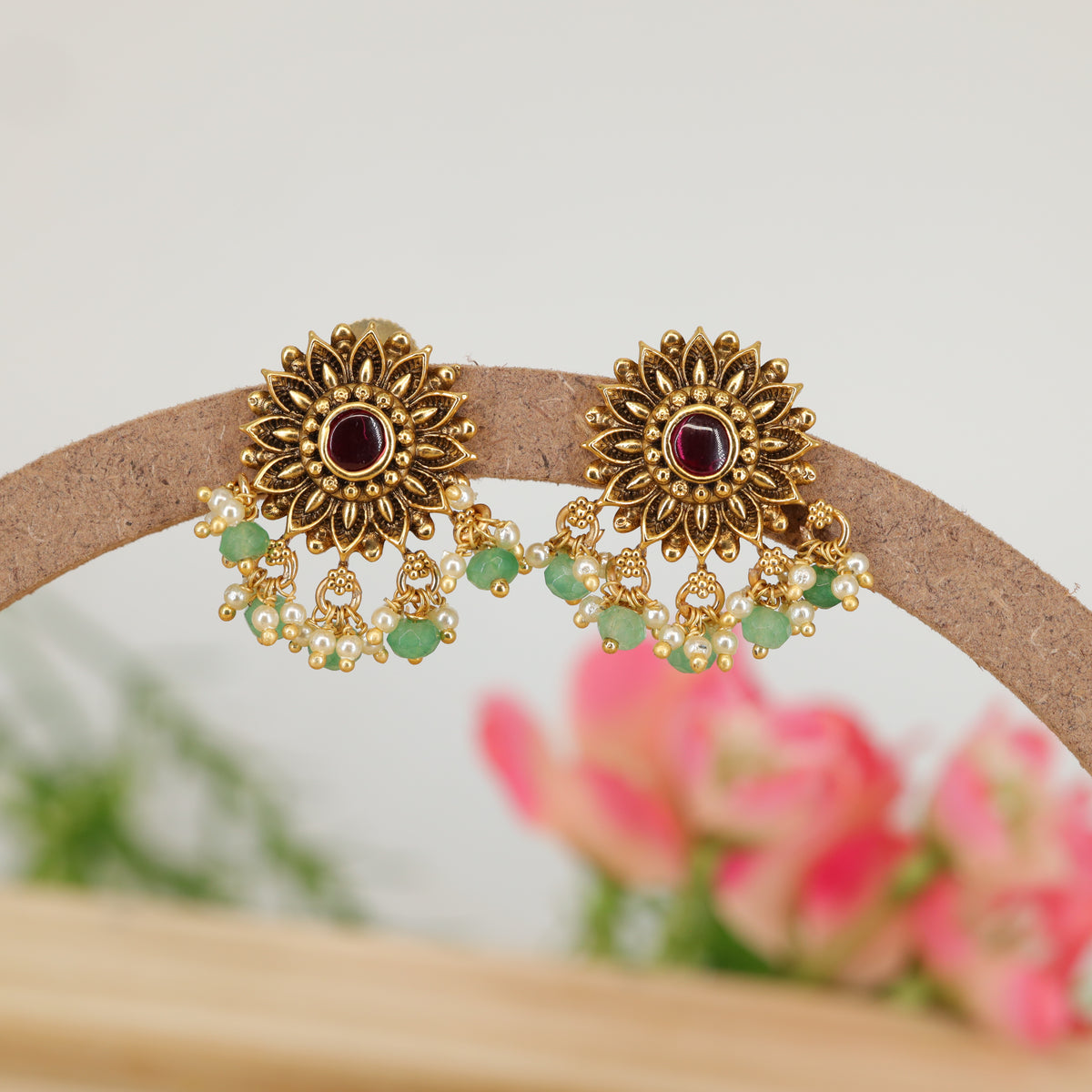 Sunburst Petal Stud Earrings with Gem Centre and Bead Fringe