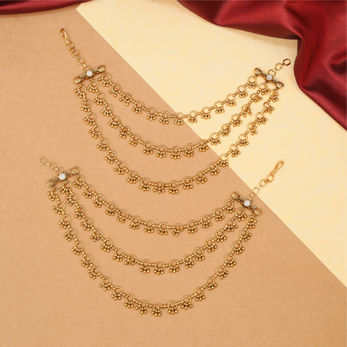 Triple Strand Ring Motif Mati with Dangling Bead Accents