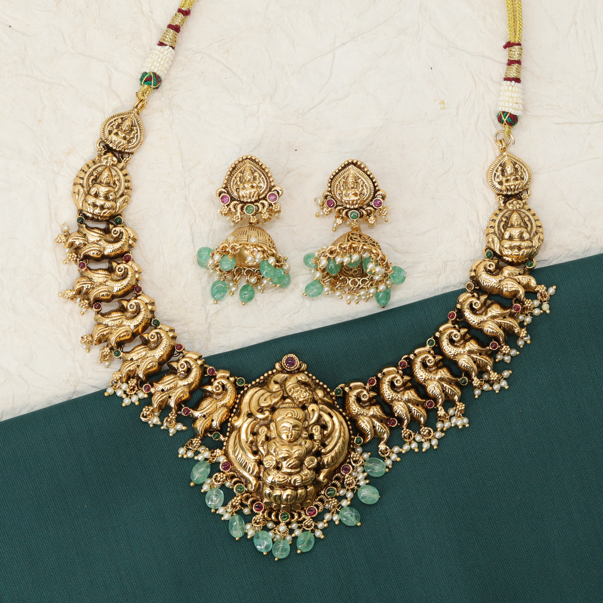 Grand Lakshmi Medallion Necklace with Sculpted Peacock Panel Chain