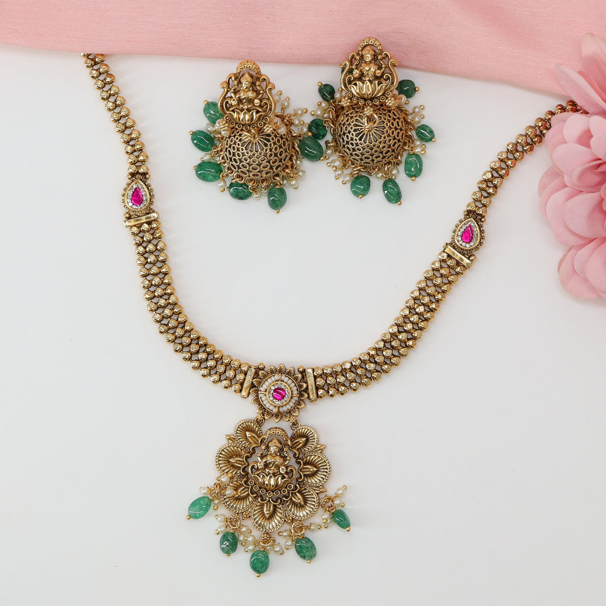 Lakshmi Blossom Pendant Necklace with Interlocked Stone Link Collar
