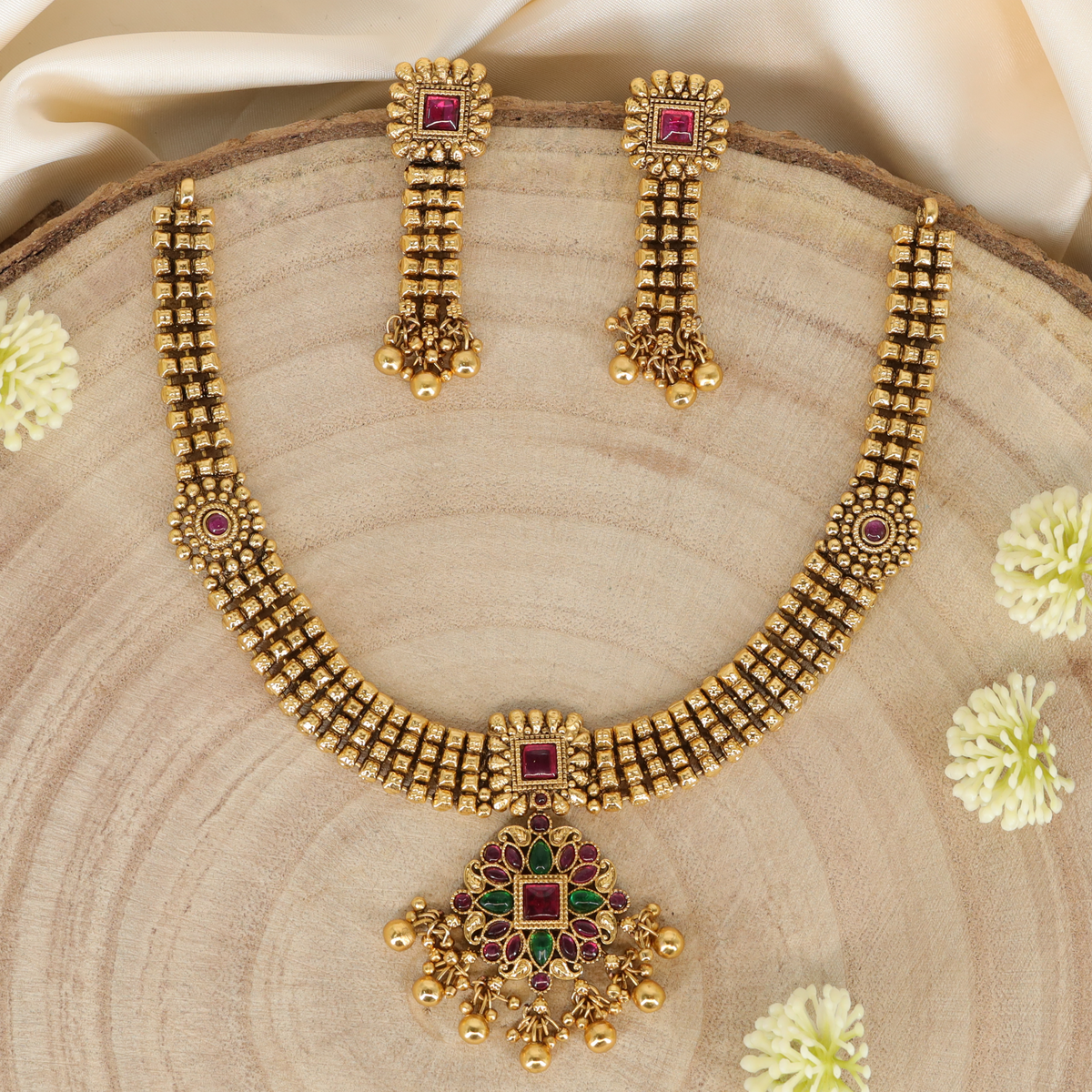 Square Crest Grid Necklace with Floral Cluster Pendant