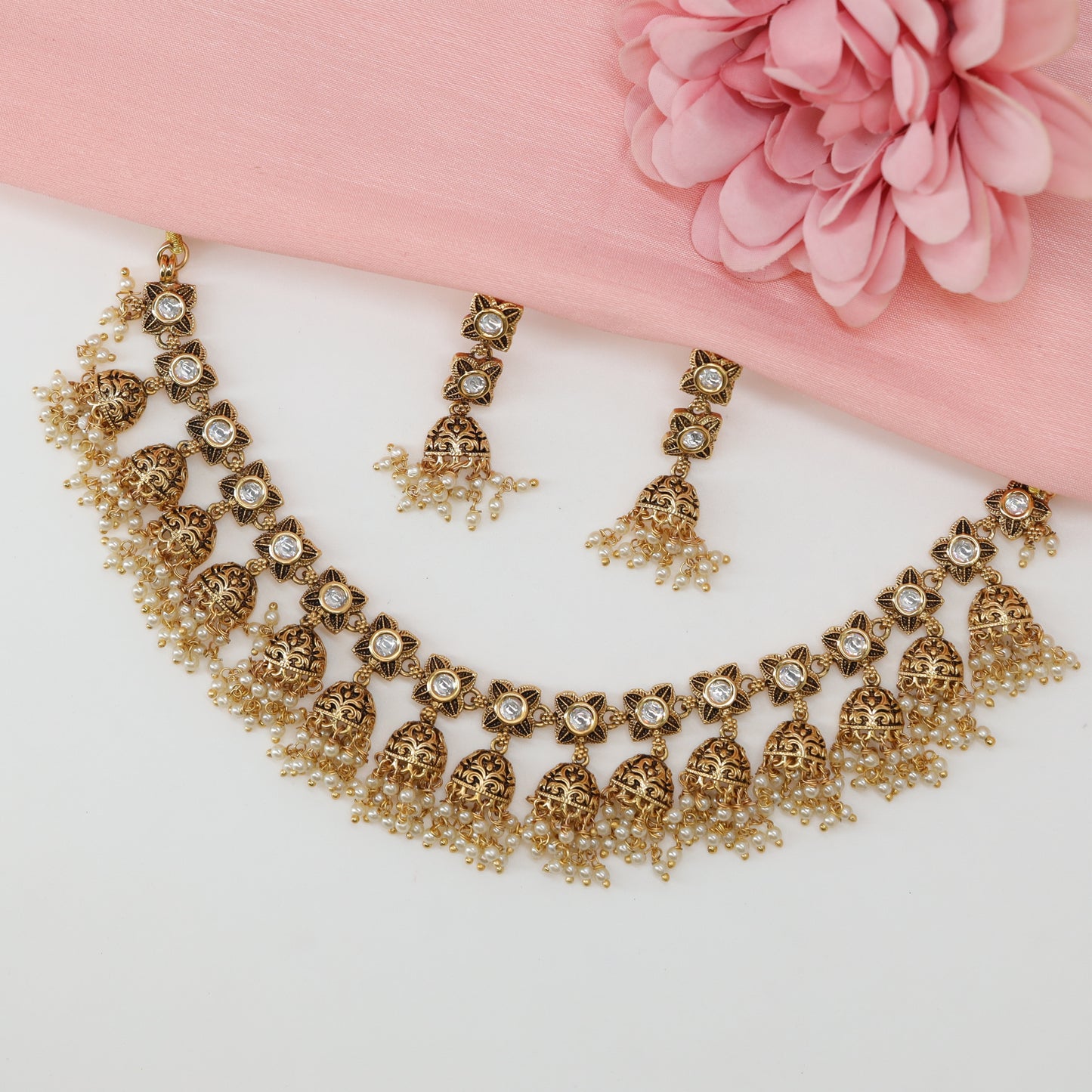 Traditional Jhumka Drop Necklace with Repeating Blossom Connectors