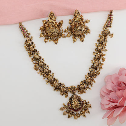 Lakshmi Pendant Necklace with Repeating Peacock Panel Chain