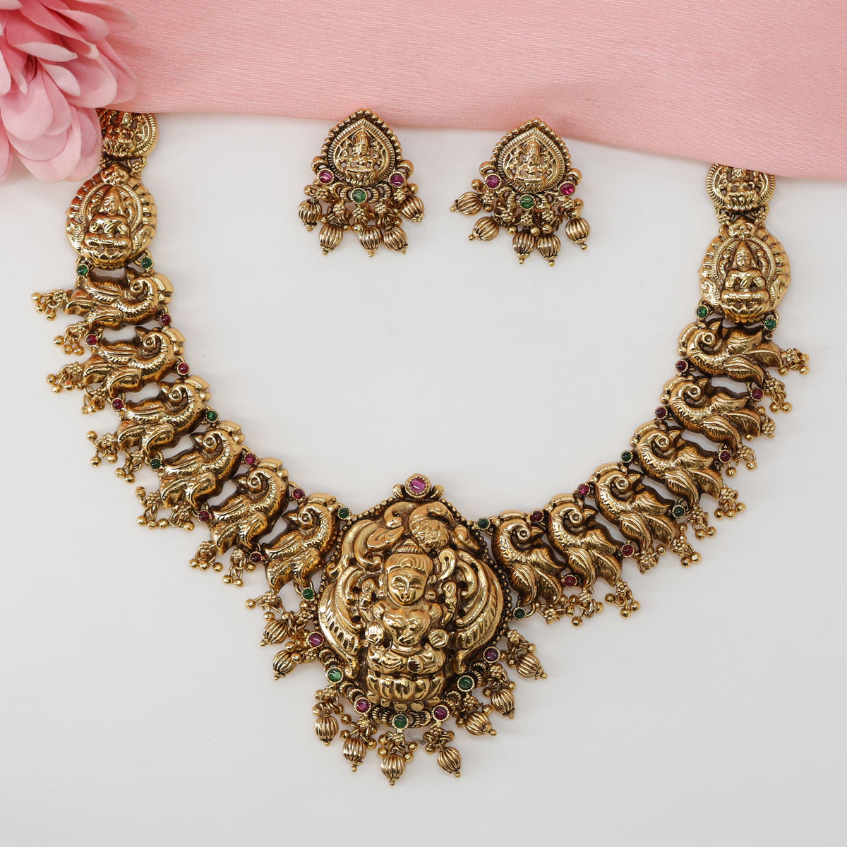 Lakshmi Shrine Pendant Necklace with Sculpted Peacock Panel Chain