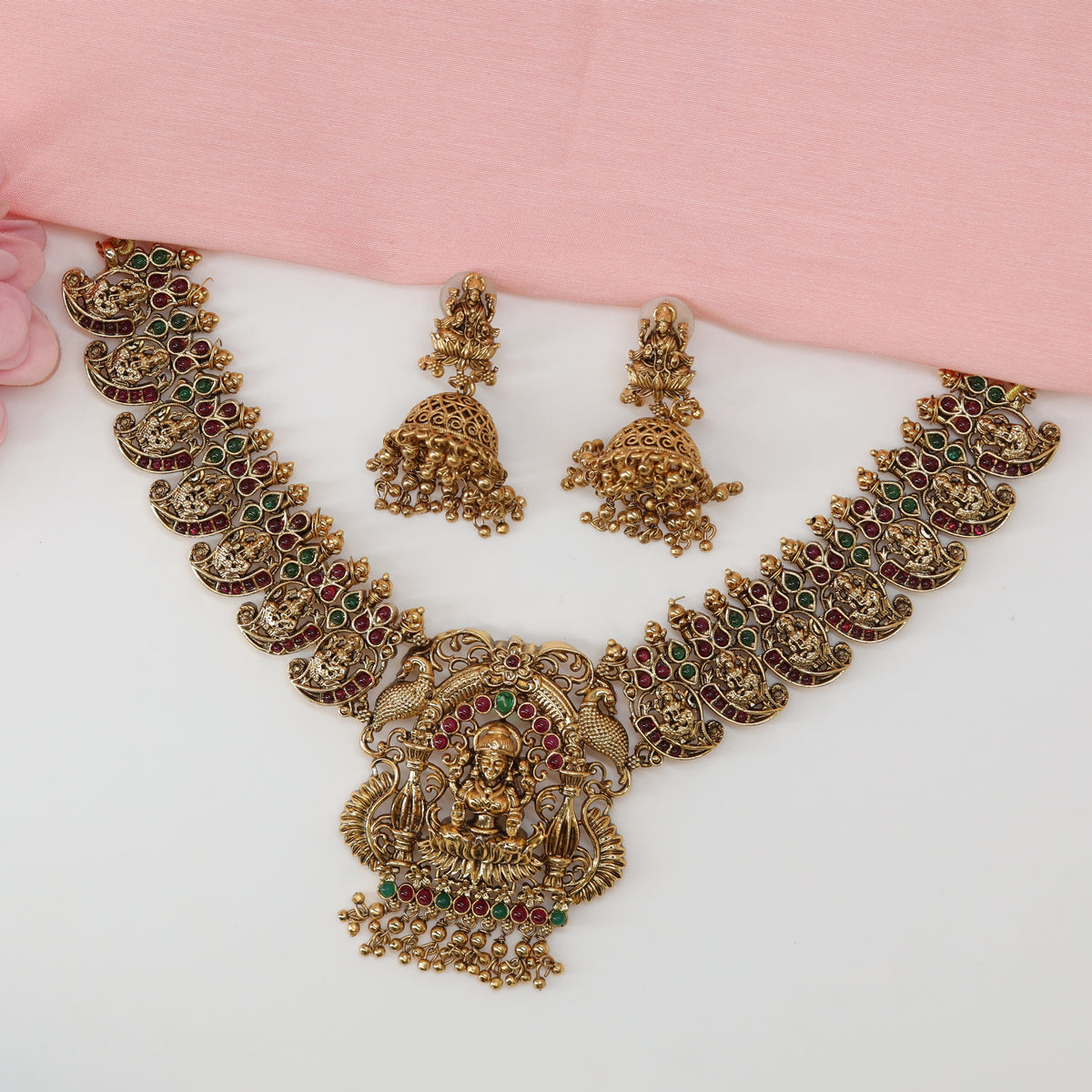 Grand Lakshmi Idol Necklace with Sequential Crescent Panels