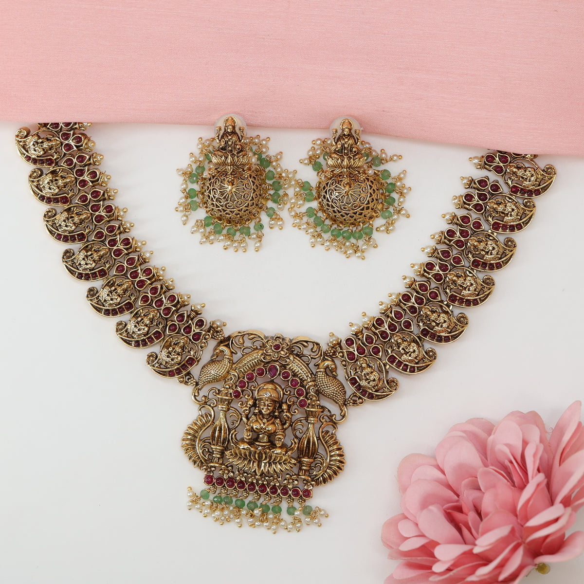 Grand Lakshmi Idol Necklace with Sequential Crescent Panels