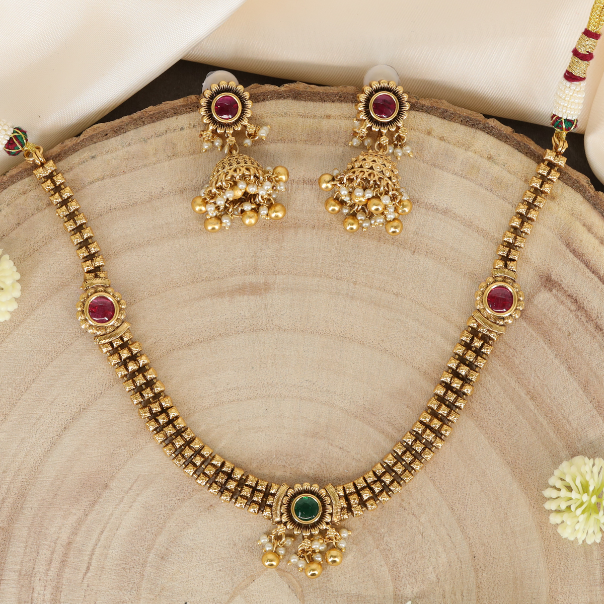 Artisan Crafted Block Link Necklace with Round Framed Pendants