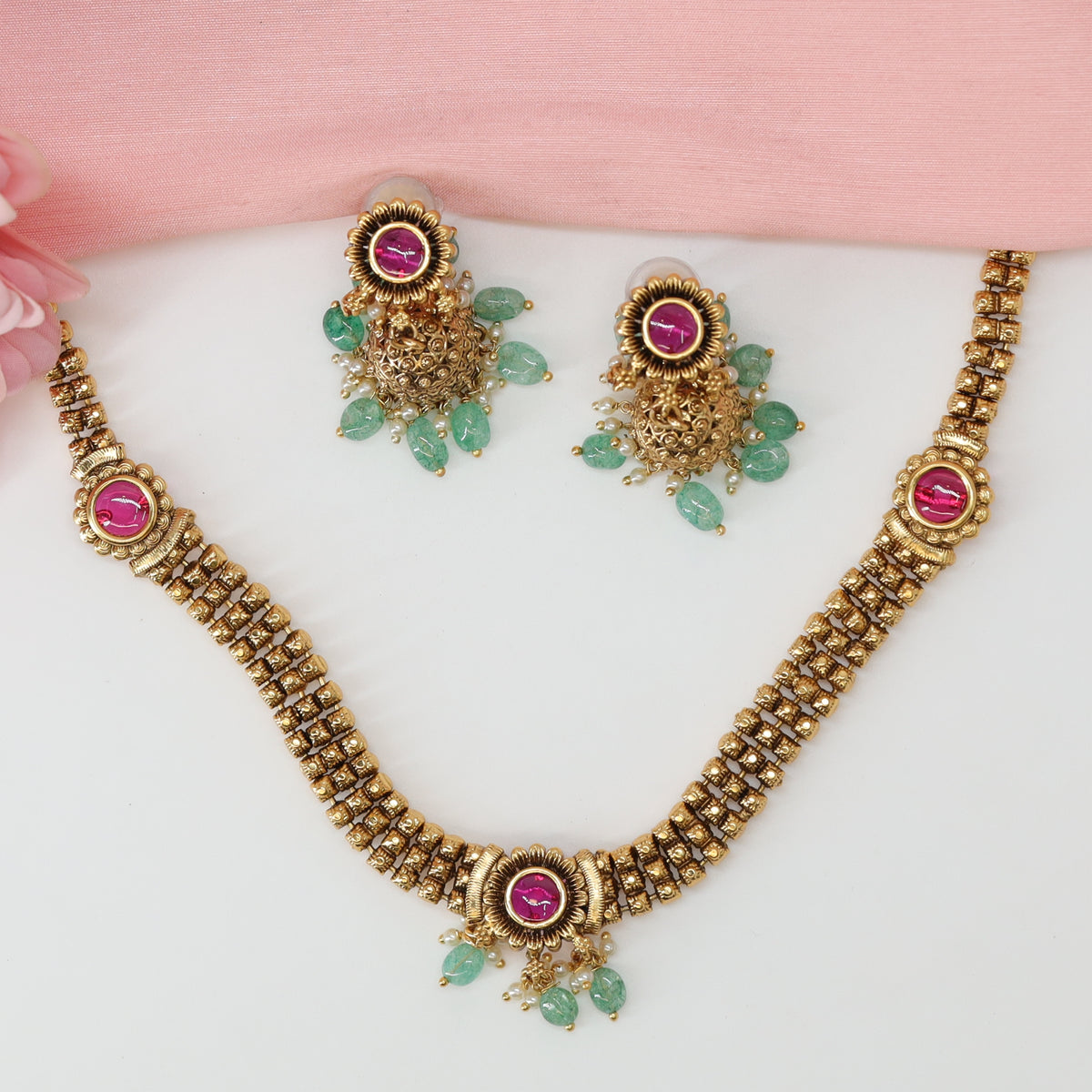Artisan Crafted Block Link Necklace with Round Framed Pendants