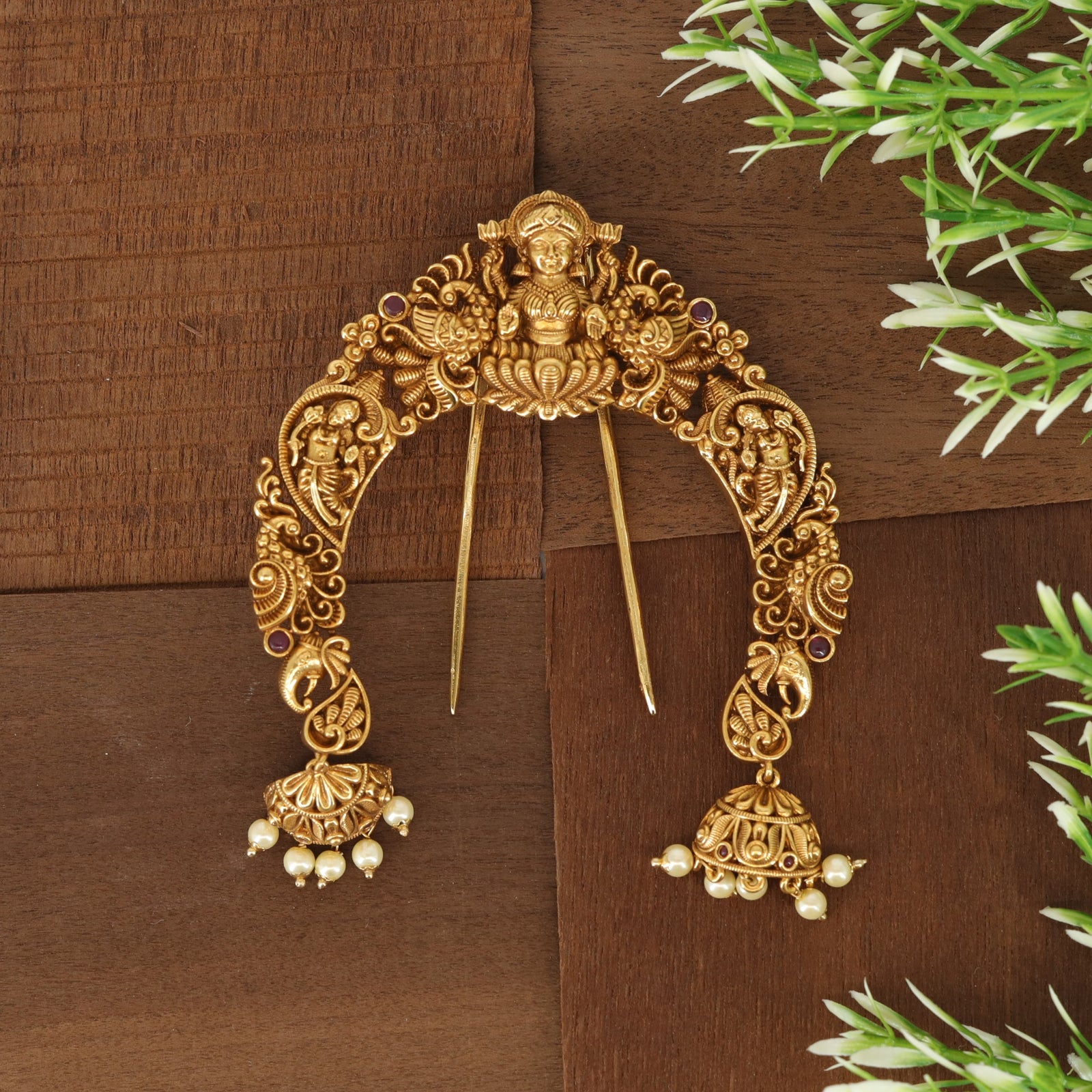Lakshmi Crown Arch with Ornate Scroll Panels and Jumka Drops