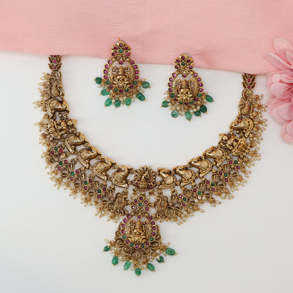 Majestic Peacock Procession Antique Necklace with Twin-Layer Sculpted Links and Floral Stone Clusters
