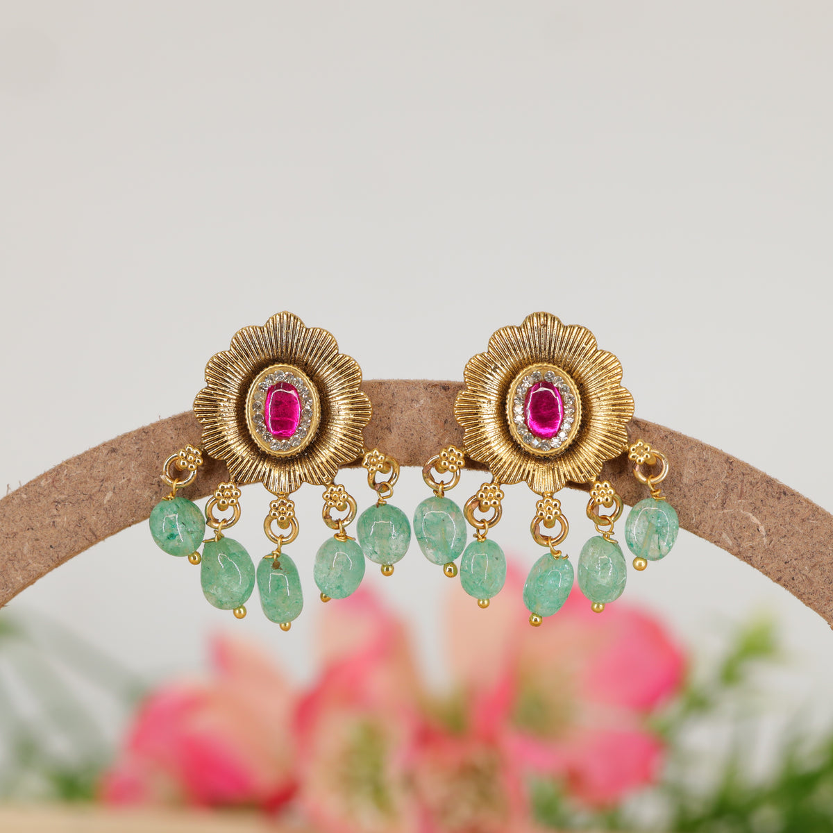 Chrysanthemum Petal Stud Earrings with Gem Centre and Bead Drops