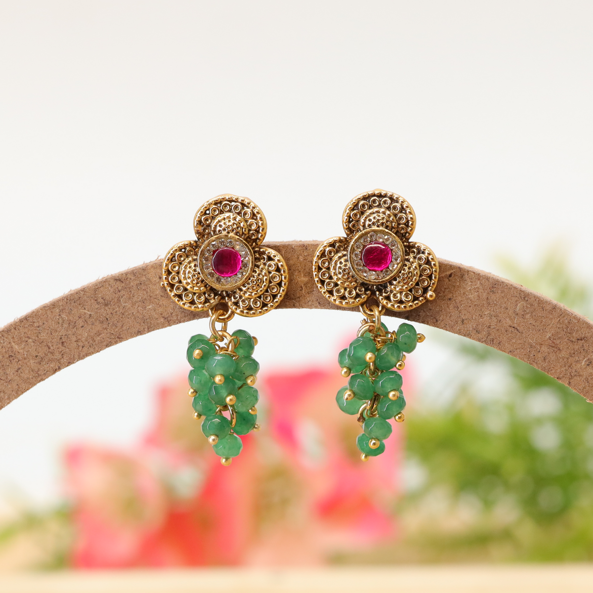 Marigold Bloom Stud Earrings with Gem Centre and Bead Cluster
