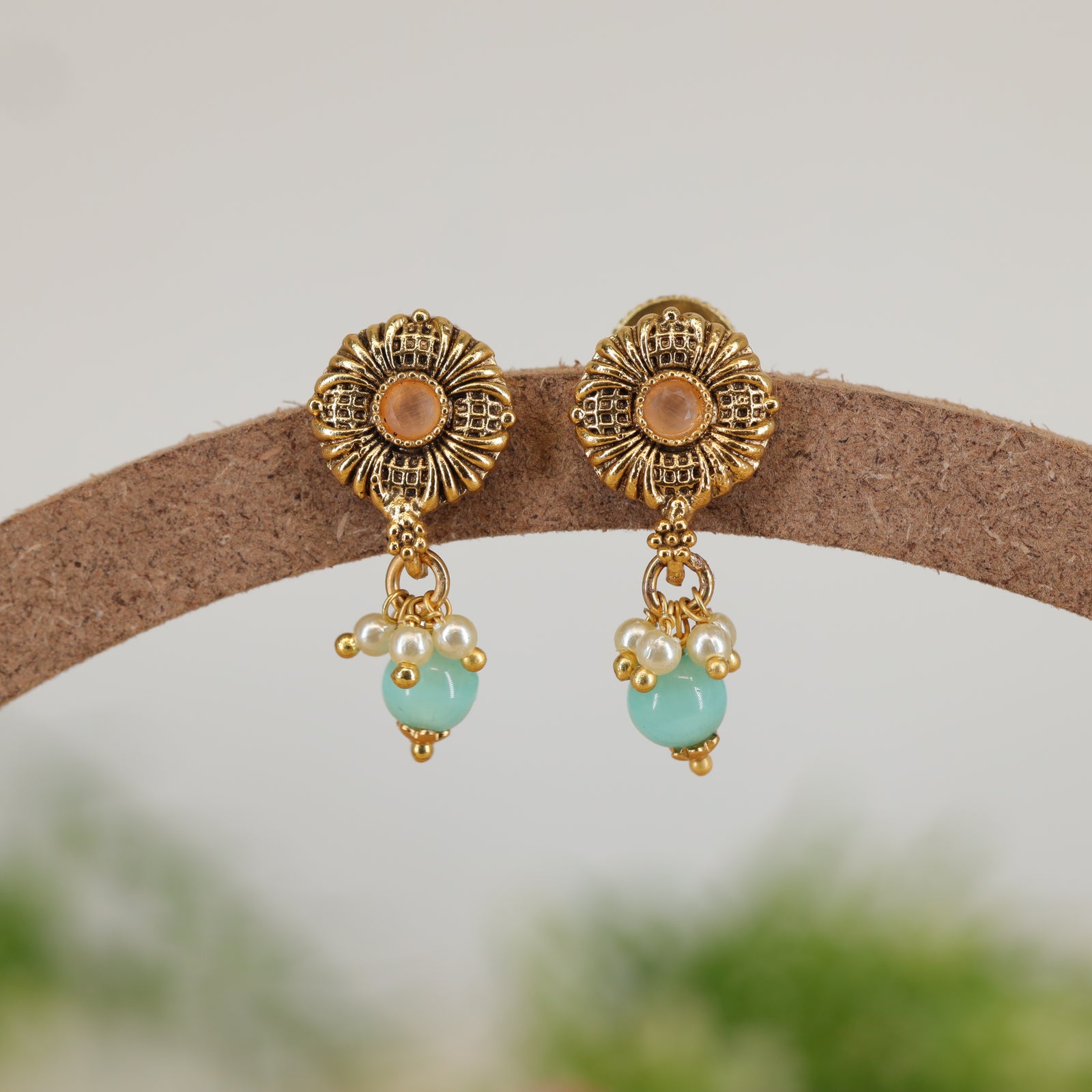 Dahlia Flower Stud Earrings with Gem Centre and Bead Fringe