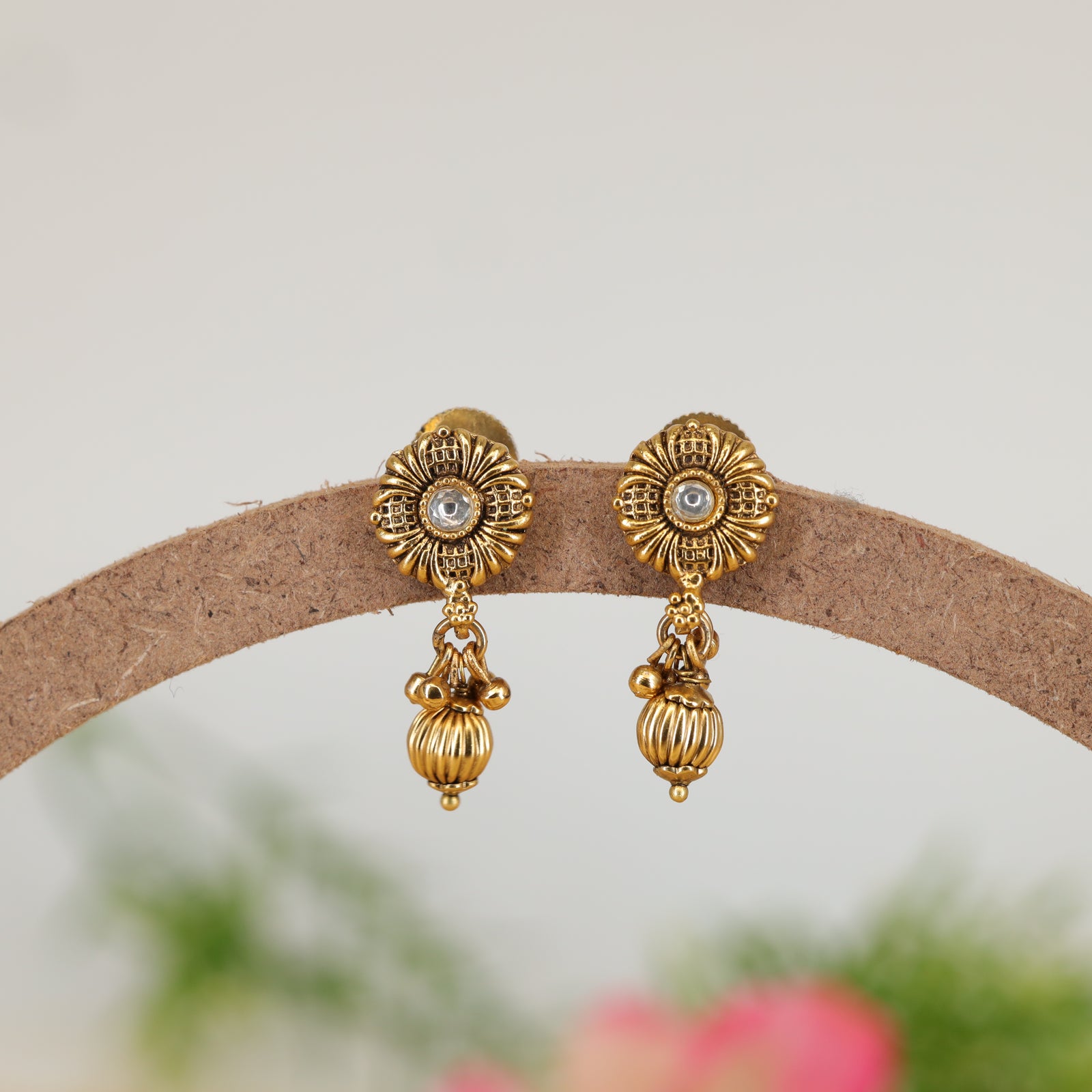 Dahlia Flower Stud Earrings with Gem Centre and Bead Fringe
