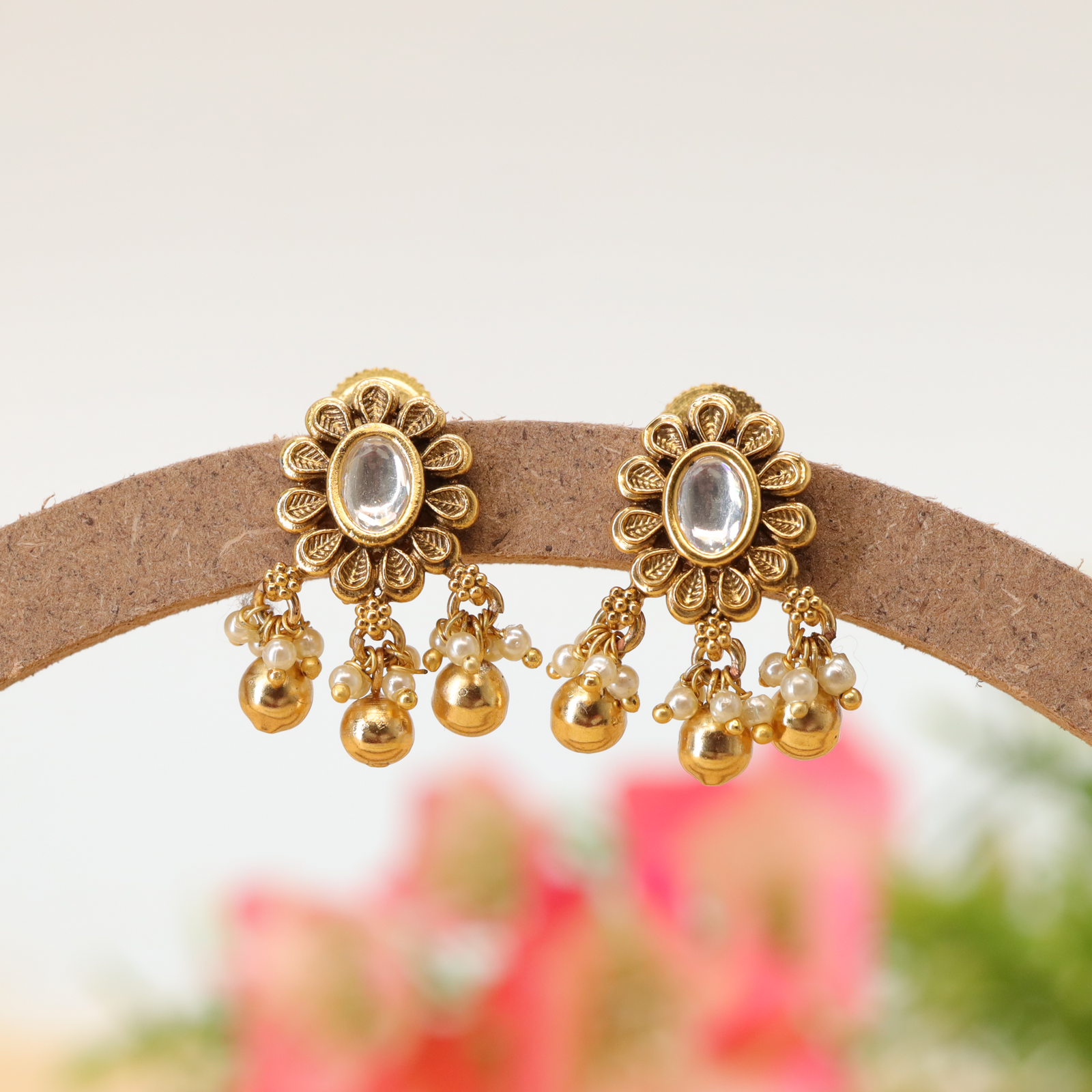 Radiant Petal Stud Earrings with Stone Centre and Bead Drops