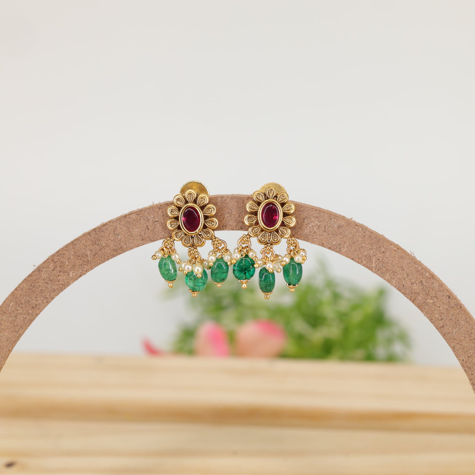 Radiant Petal Stud Earrings with Stone Centre and Bead Drops